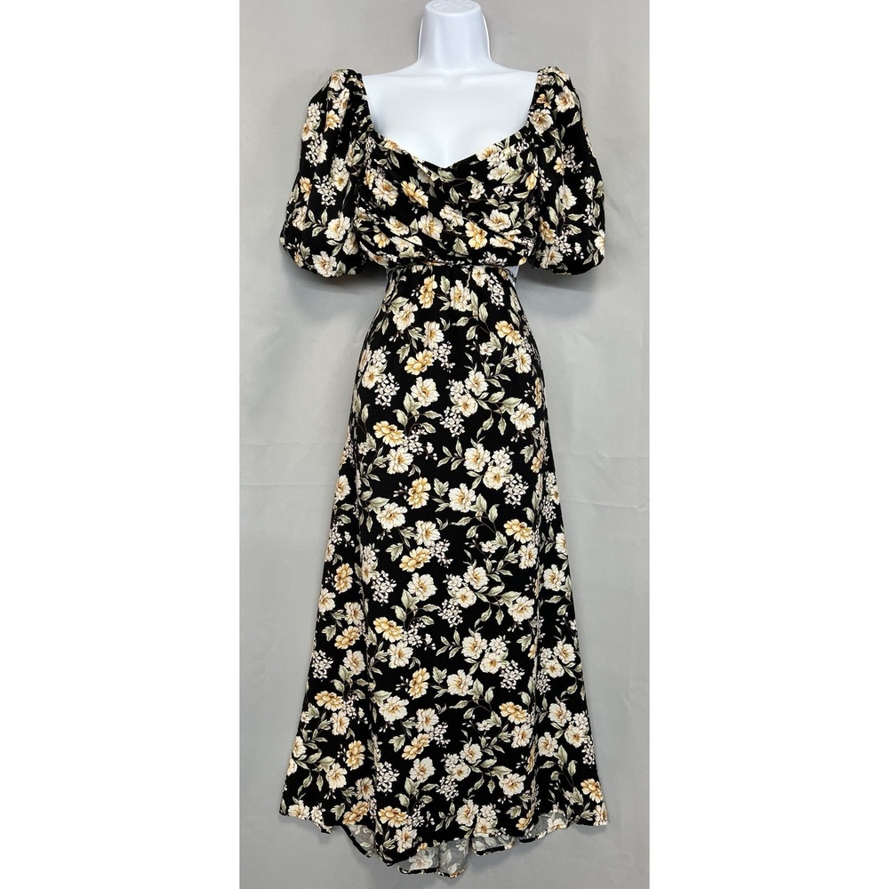 altar'd‎ state dress FLORAL PUFF SLEEVE CUTOUT MIDI DRESS Sz Large